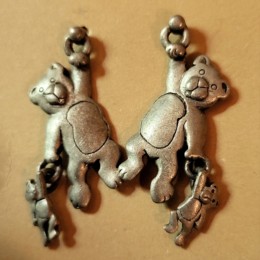 Vintage 80s JJ Jonette Dangle Silvertone Pewter Teddy Bear Postback Earrings